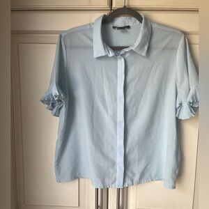 French Connection large blouse. Baby blue with pleated sleeve detail.